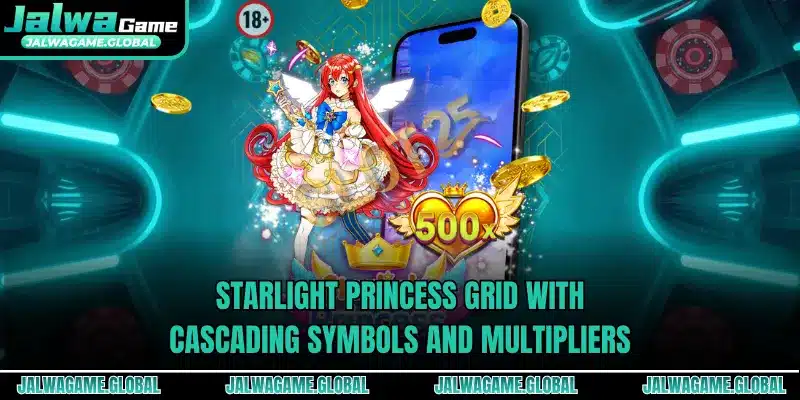 Starlight Princess grid with cascading symbols and multipliers